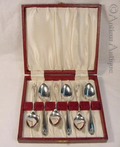 Boxed Set of Six Sterling Silver Deco Tea Spoons.