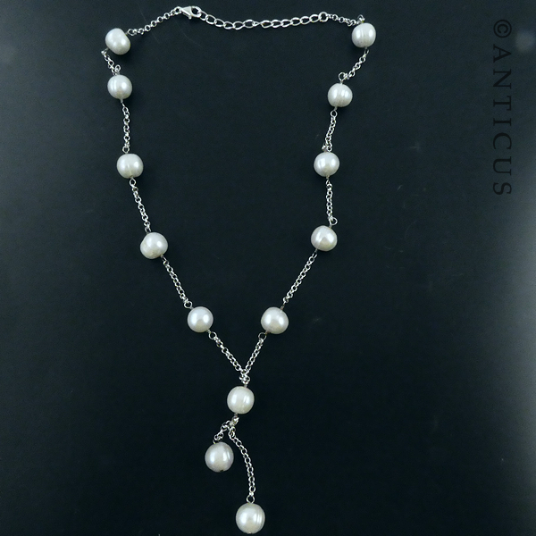 Grey Pearls and Silver Chain Necklace.