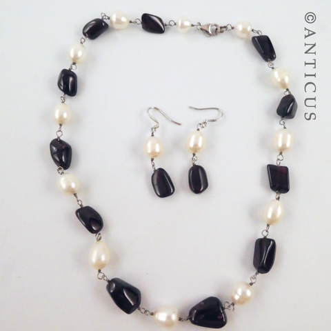 Garnet and Pearl Necklace, Earrings Set.