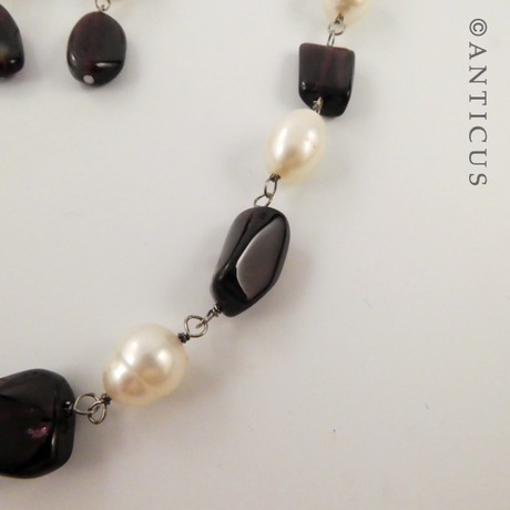 Garnet and Pearl Necklace, Earrings Set.