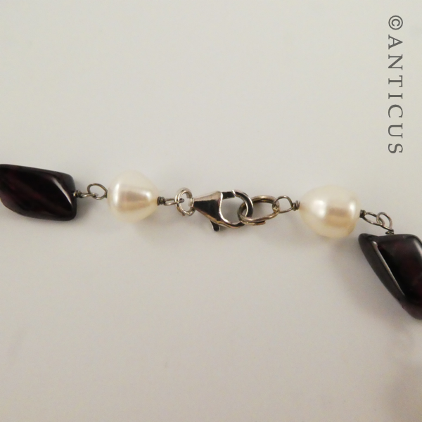 Garnet and Pearl Necklace, Earrings Set.