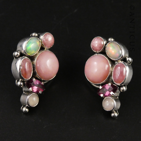 Pink Fire Opal, Rhodochrosite and Silver Earrings.