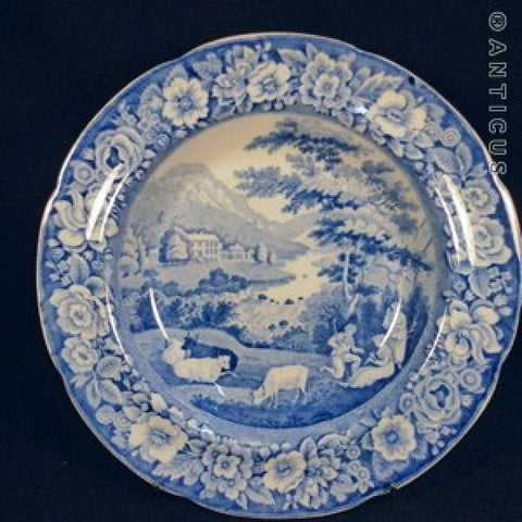 Early Blue and White Pastoral Scene Dish, Staffordshire.