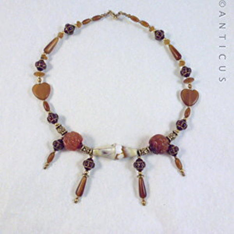 Vintage Necklace, Carved Cornelian and Horn.
