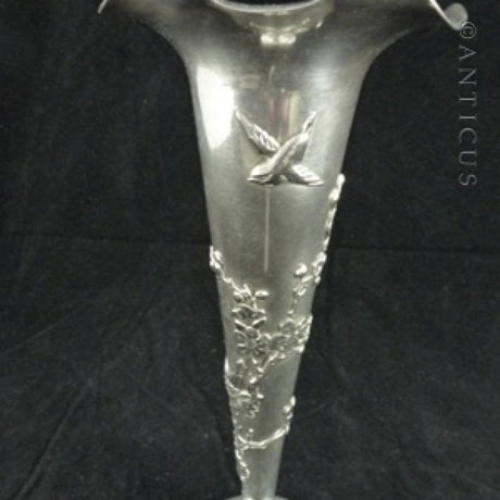 Chinese Export Silver Bud Vase, Birds Decoration.