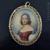 Pendant or Brooch, Hand Painted Miniature of Woman, Antique.