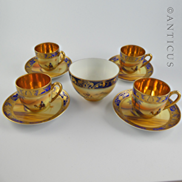 Set of 4 Camel China Cups, Saucers, Sugar, Signed.