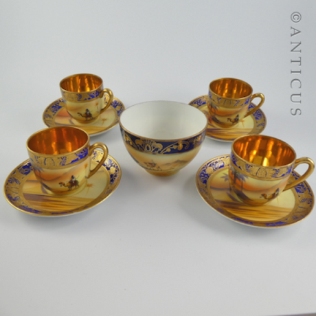 Set of 4 Camel China Cups, Saucers, Sugar, Signed.