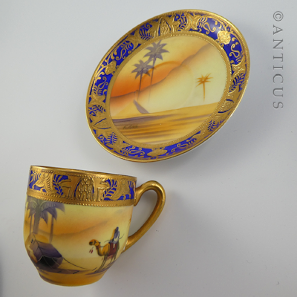 Set of 4 Camel China Cups, Saucers, Sugar, Signed.