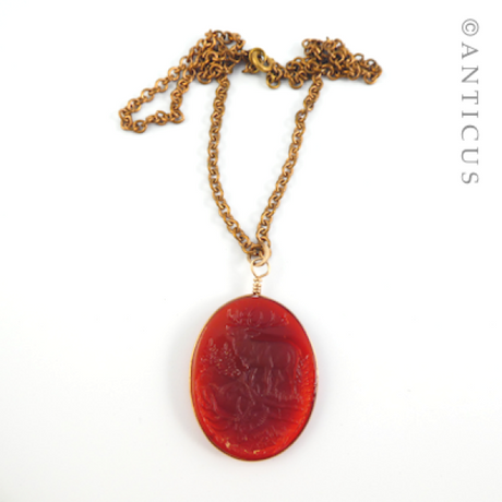 Victorian Glass Pendant and Chain, Scene of Deer.