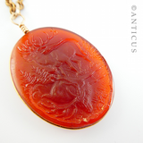 Victorian Glass Pendant and Chain, Scene of Deer.