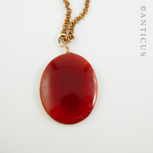 Victorian Glass Pendant and Chain, Scene of Deer.