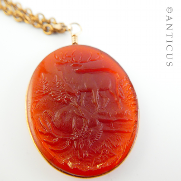 Victorian Glass Pendant and Chain, Scene of Deer.