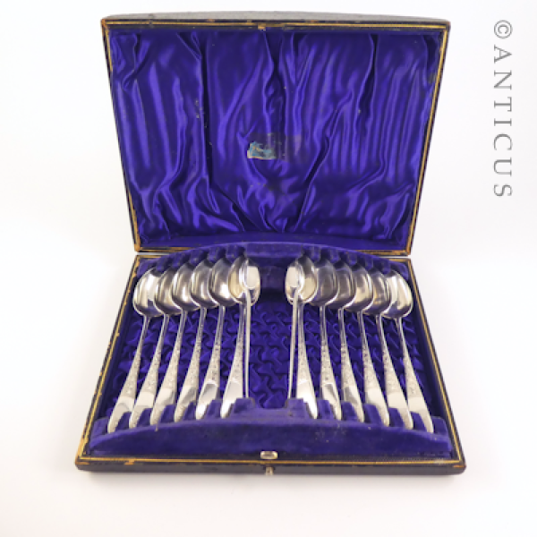 Late 1800s Set of 12 Teaspoons and Sugar Tongs, Boxed.