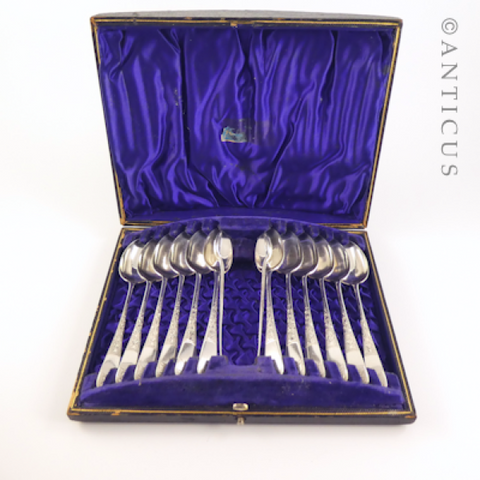 Late 1800s Set of 12 Teaspoons and Sugar Tongs, Boxed.