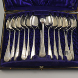 Late 1800s Set of 12 Teaspoons and Sugar Tongs, Boxed.