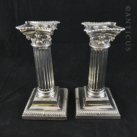 Pair Silver Plate Column Candlesticks, Late 1800s.