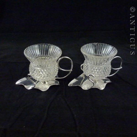 Pair of Glass Thistle and Silver Plate Salt Cellars.