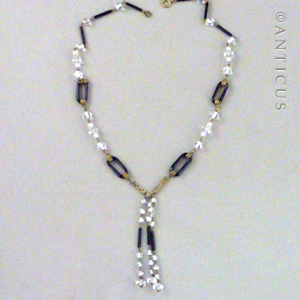 Art Deco Crystal and Black Glass Tassel Necklace.