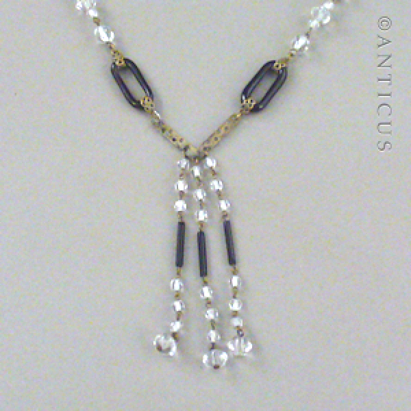 Art Deco Crystal and Black Glass Tassel Necklace.