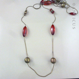 Modern Very Long Necklace, Red Bead and Chain.