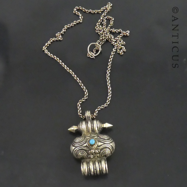 Old Tibetan Prayer Locket Mounted with Turquoise
