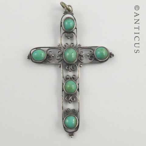 Silver Vintage Filigree Cross Pendant with Turquoises.