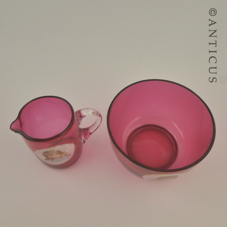 Cranberry Glass Cream & Sugar, Children Picts.