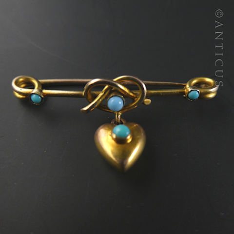 Victorian Gold Heart-Shaped Brooch with Turquoises.