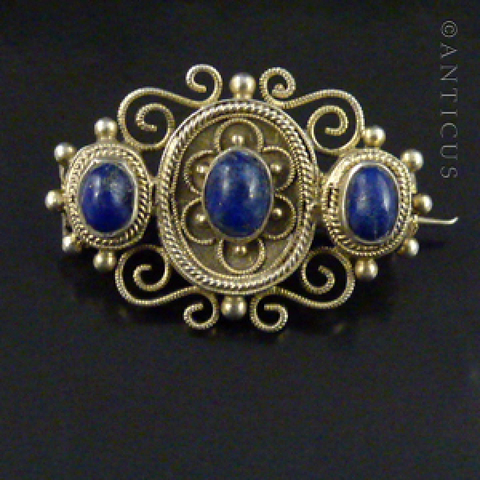 Filigree Silver Brooch with Lapis Lazuli Stones.