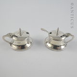 Pair Small Silver Mustard Pots, Arts & Crafts Style.