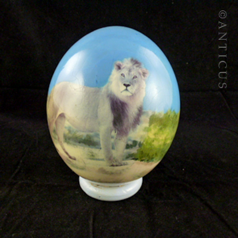 Vintage Ostrich Egg with Print of Lion.