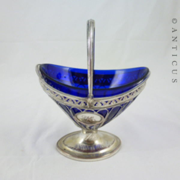 Sheffield Plate Sugar Basket with Blue Glass Liner.