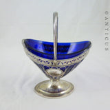 Sheffield Plate Sugar Basket with Blue Glass Liner.