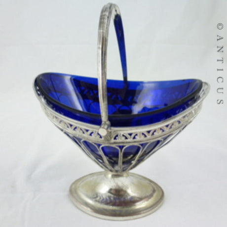 Sheffield Plate Sugar Basket with Blue Glass Liner.