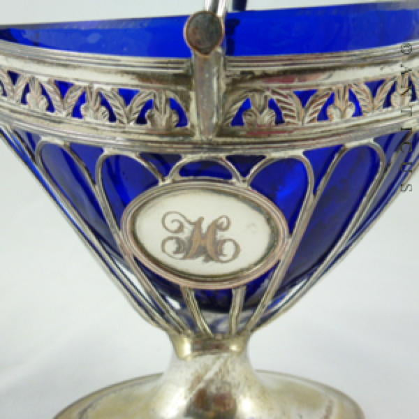 Sheffield Plate Sugar Basket with Blue Glass Liner.