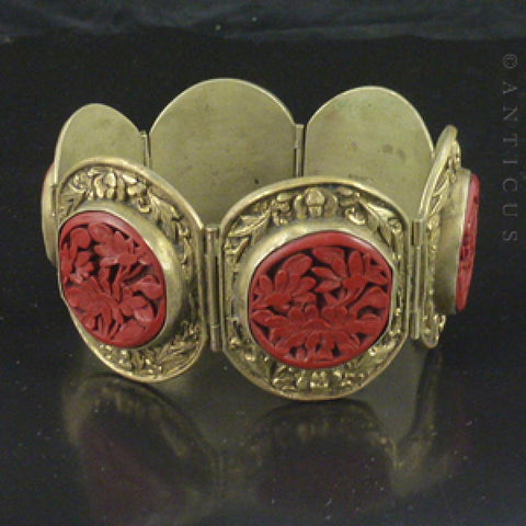 Chinese Cinnabar Lacquer & Gilded Brass Bracelet, 1930s.