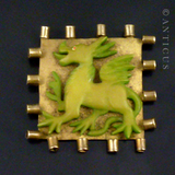 Art Deco Square Brass and Bakelite Dragon Brooch.