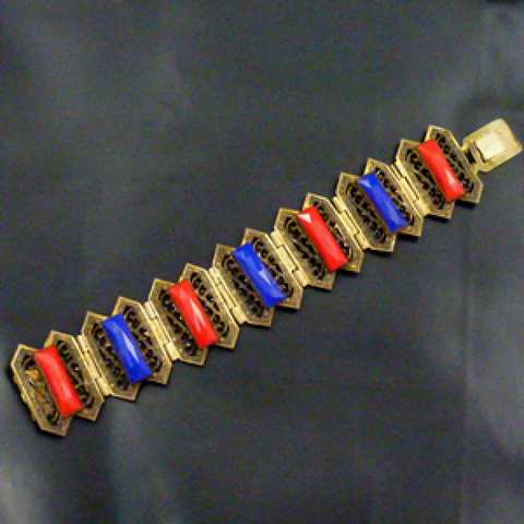 1930s Czech Gilt Metal and Glass Panel Bracelet.