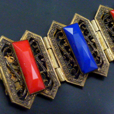 1930s Czech Gilt Metal and Glass Panel Bracelet.