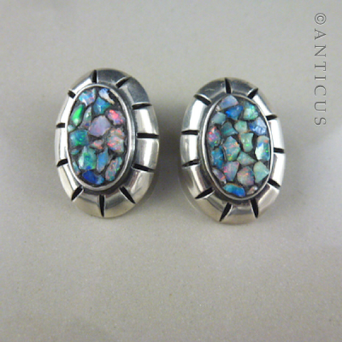 Sterling Silver and Opal Chip Earrings, Clips.