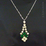 Paste Emerald and Diamond Art Deco Pendant on Chain.