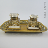 Antique Brass Ink Stand, with Twin Ink Bottles.