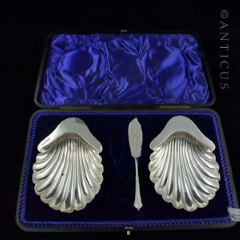 Pair of Sterling Silver Butter Shells, Cased.