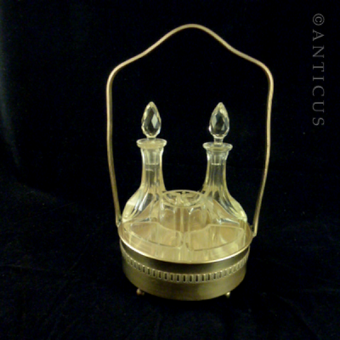 Crystal Cruet Set in Brass Table Stand.