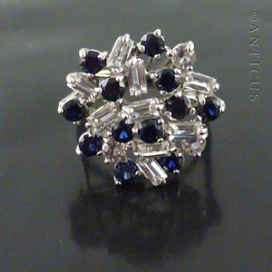 Gold Cluster Dress Ring, White and Blue Stones.