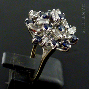 Gold Cluster Dress Ring, White and Blue Stones.