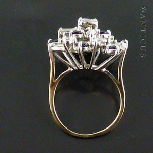 Gold Cluster Dress Ring, White and Blue Stones.