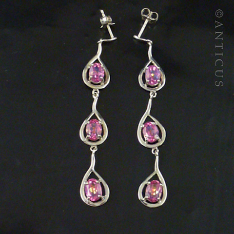 Long Drop Earrings, Silver with Pink Stones.