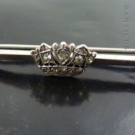 Naval Crown Silver and Crystal Bar Brooch, Vintage.